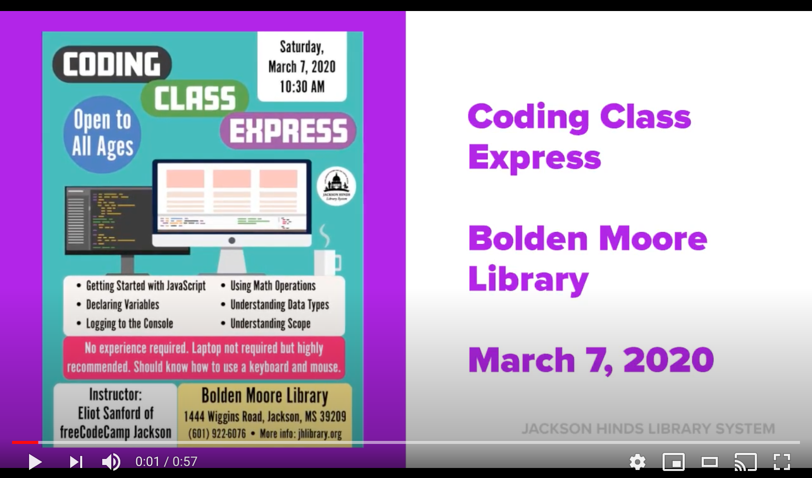 Coding class express poster at the Bolden Moore Library on March 7, 2020
